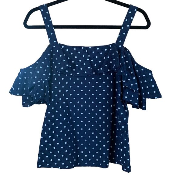 J. Crew Navy/White Polka Dot Ruffled Short Sleeve Cold Shoulder - Picture 6 of 14